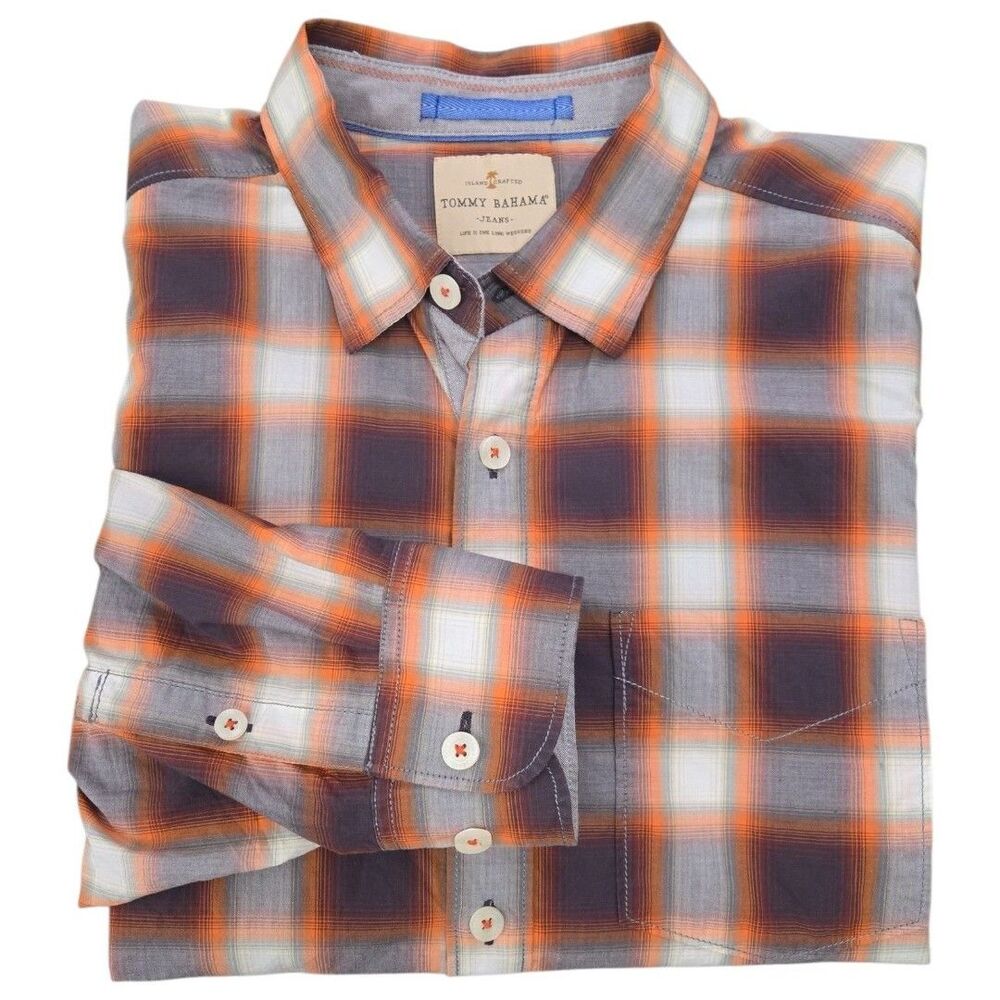 Tommy Bahama Jeans Men's L Orange Gray Plaid Long Sleeve Button Shirt Cotton